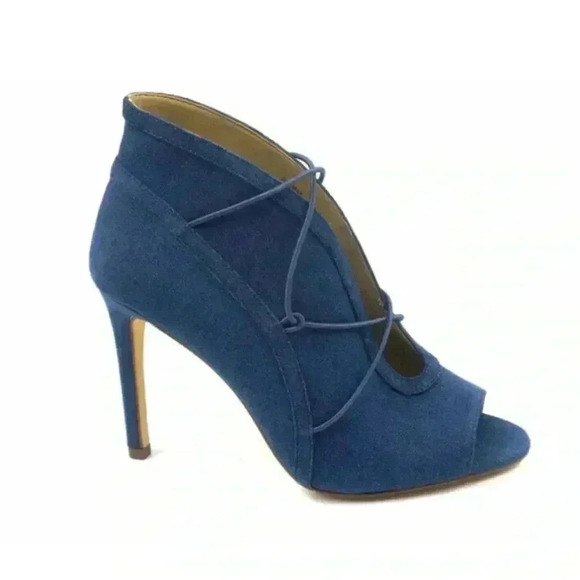 G.I.L.I. Peep Toe Bungee Front Ankle Booties Kaarina Denim Blue High Heels 8.5 - Picture 1 of 7